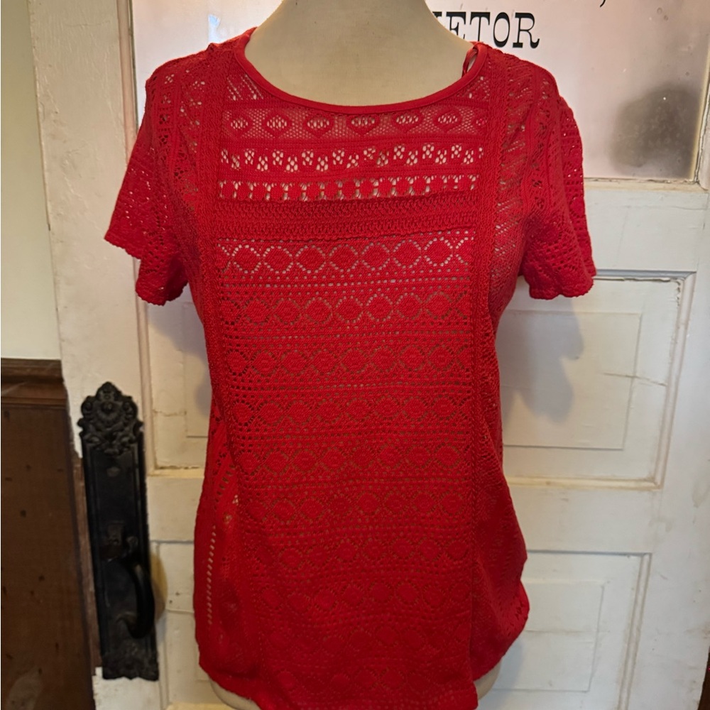 JohnPaulRichard Red Crochet Short Sleeve Knit Top